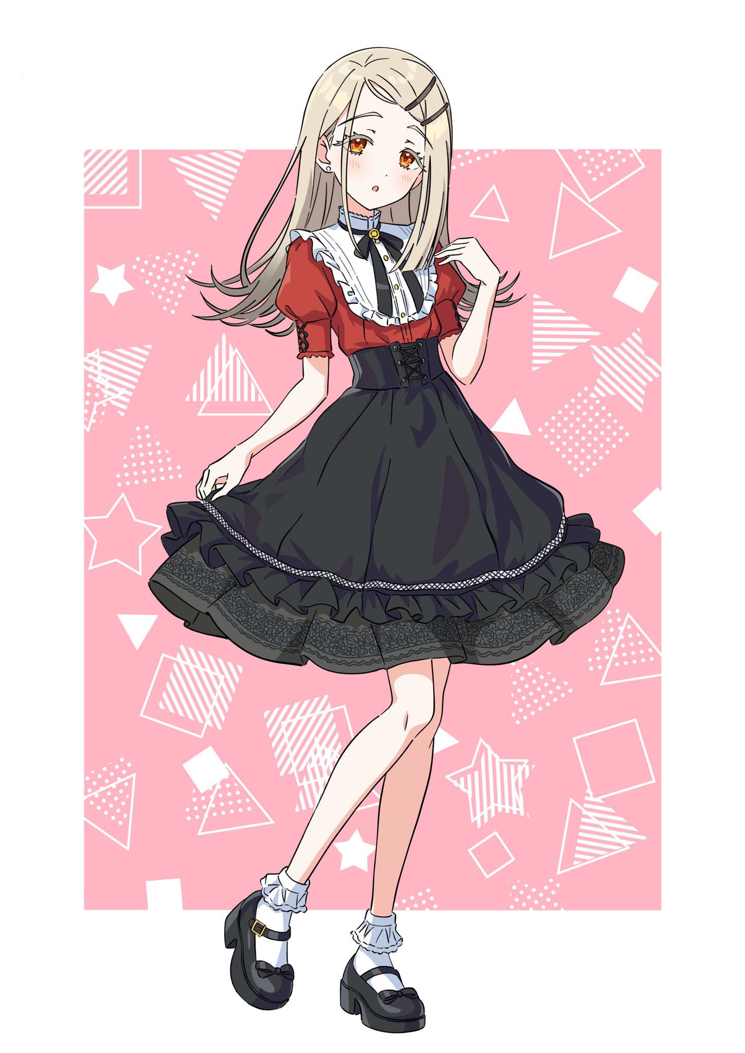 kousuke0912, shinosawa hiro, gakuen idolmaster, idolmaster, commentary request, highres, 1girl, :o, bib collar, black corset, black ribbon, black shoes, black skirt, blonde hair, blush, border, collar, colored eyelashes, corset, earrings, flipped hair, frilled collar, frilled skirt, frilled socks, frills, full body, gradient hair, grey hair, hair ornament, hairclip, hand up, high-waist skirt, jewelry, jirai kei, lace, lace-trimmed shirt, lace-trimmed skirt, lace trim, looking at viewer, mary janes, multicolored hair, neck ribbon, open mouth, orange eyes, outside border, parallel hairclips, parted bangs, pink background, platform shoes, puffy short sleeves, puffy sleeves, red shirt, ribbon, shirt, shoes, short sleeves, skirt, skirt hold, socks, solo, standing, standing on one leg, stud earrings, white border, white collar, white socks