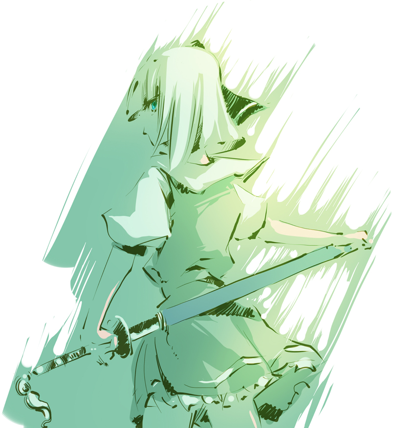 dain, konpaku youmu, touhou, 1girl, blue eyes, female focus, katana, short hair, skirt, solo, sword, weapon, white background