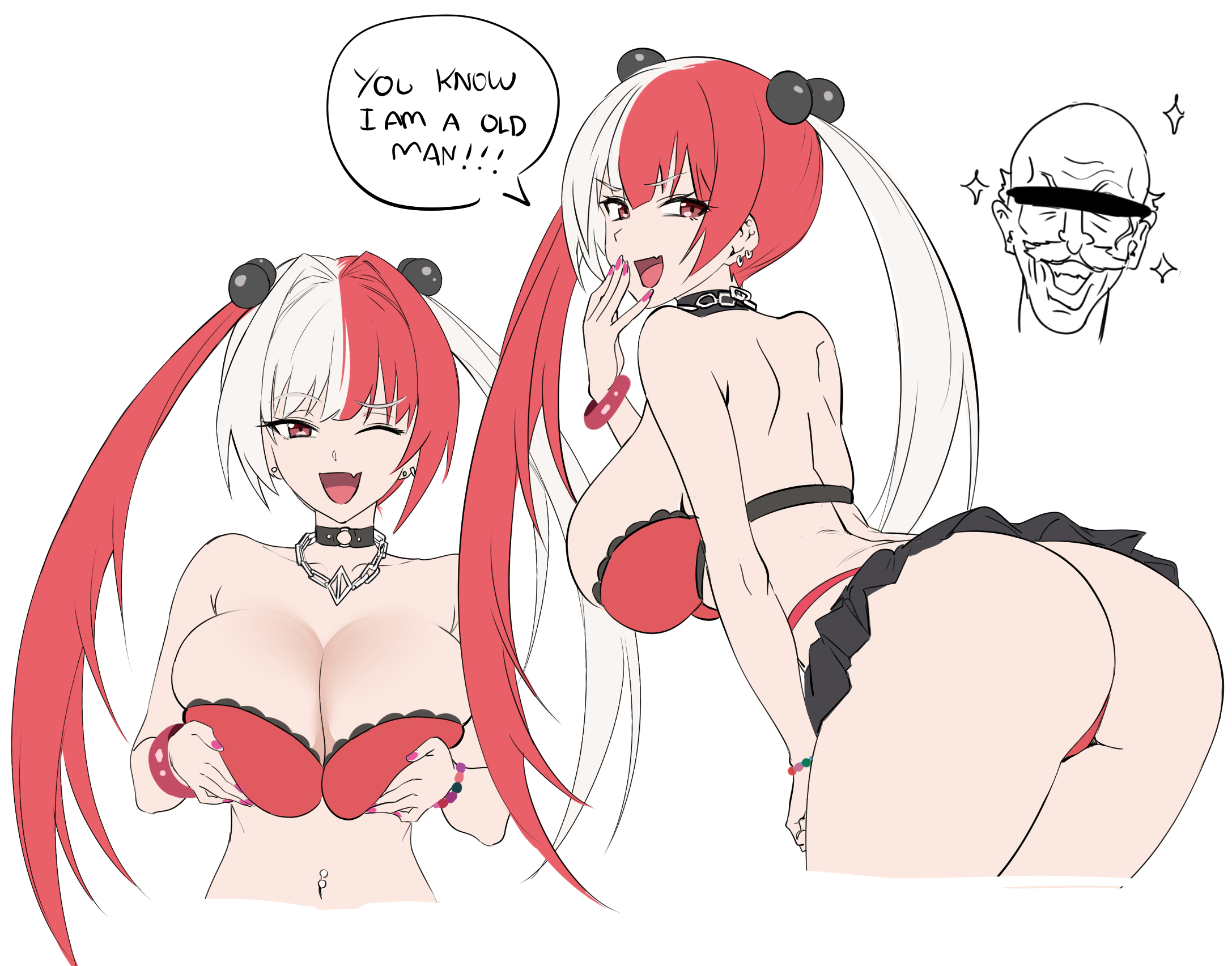 das (dan dan), matsunaga hisahide (fate), fate/grand order, fate (series), highres, 1boy, 1girl, ass, bare shoulders, black skirt, bra, bracelet, breasts, breasts squeezed together, chain, chain necklace, choker, cleavage, hair bobbles, hair ornament, highleg, highleg panties, jewelry, large breasts, long hair, looking at viewer, looking back, miniskirt, multicolored hair, multiple views, navel, necklace, old, old man, open mouth, panties, red bra, red eyes, red hair, red panties, skirt, smile, split-color hair, thighs, twintails, underwear, white hair