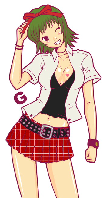 kzm, 1girl, belt, blush, bow, bracelet, breasts, breasts apart, cleavage, collarbone, cropped legs, female focus, green hair, grin, hair bow, hair ribbon, hand up, head tilt, heart, jewelry, looking at viewer, midriff, miniskirt, navel, one eye closed, open clothes, open shirt, plaid clothes, plaid skirt, pleated skirt, red ribbon, ribbon, shirt, short hair, short sleeves, simple background, skirt, smile, solo, white background, white shirt, wink