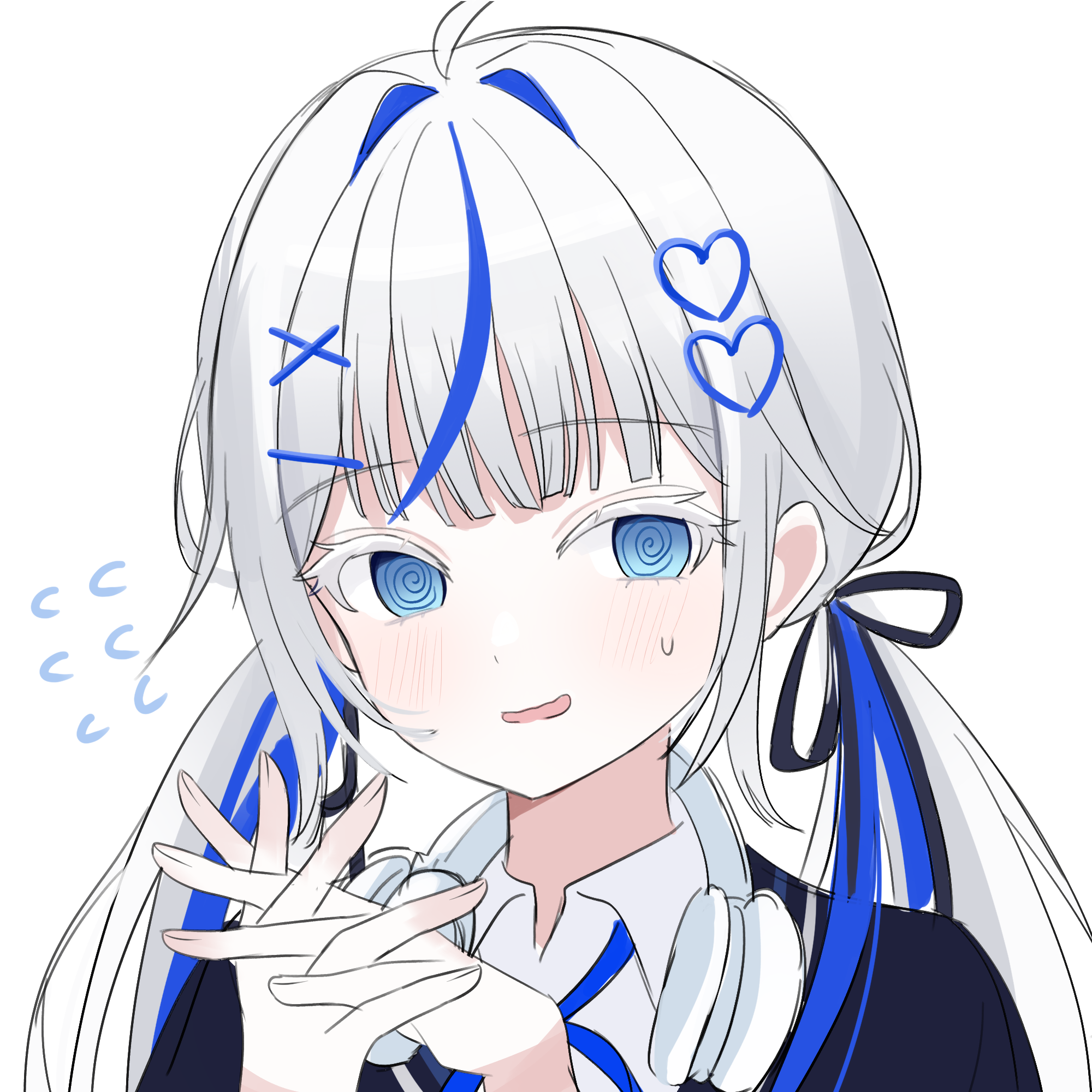 nannung, aokumo rin, stellive, highres, 1girl, @ @, ahoge, hair ornament, hairclip, headphones, headphones around neck, heart, heart hair ornament, interlocked fingers, long hair, looking at viewer, low twintails, multicolored hair, open mouth, smile, solo, streaked hair, sweatdrop, twintails, upper body, virtual youtuber, white hair