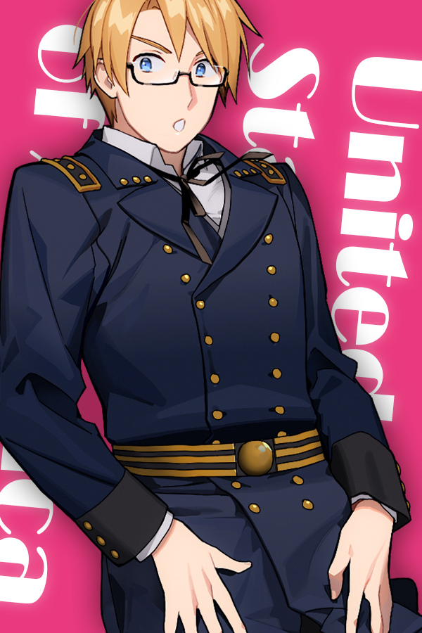 littleb, america (hetalia), axis powers hetalia, 1boy, belt, black-framed eyewear, black ribbon, blonde hair, blue eyes, blue jacket, blue pants, buttons, collared shirt, english text, glasses, jacket, lapels, long sleeves, looking at viewer, male focus, military jacket, military uniform, neck ribbon, pants, pink background, ribbon, semi-rimless eyewear, shirt, short hair, solo, standing, teeth, text background, v-shaped eyebrows, white shirt, yellow belt