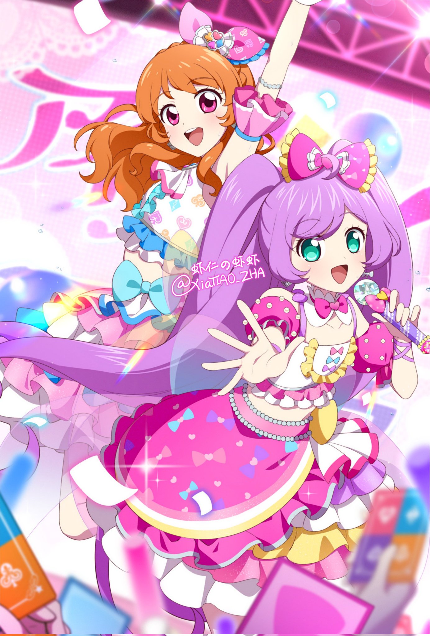 ebi nana, manaka laala, ozora akari, aikatsu! (series), pretty series, pripara, commentary request, highres, translation request, :d, ahoge, aikatsu! x pripara the movie -deai no kiseki!-, arm up, artist name, bare shoulders, blue bow, blue skirt, bow, bowtie, braid, card, collar, crossover, detached collar, dot nose, frilled bow, frilled shirt, frills, green eyes, hair bow, hands up, holding, holding microphone, idol, idol clothes, jumping, layered skirt, light blush, long hair, looking at viewer, medium skirt, microphone, midriff, no pupils, open mouth, orange hair, pink bow, pink bowtie, pink eyes, pink skirt, pink sleeves, puffy short sleeves, puffy sleeves, purple hair, purple skirt, release celebration, shirt, short sleeves, skirt, sleeveless, sleeveless shirt, smile, sparkle, stage, standing, straight hair, teeth, twintails, twitter username, upper teeth only, very long hair, white collar, white shirt, white skirt, yellow skirt