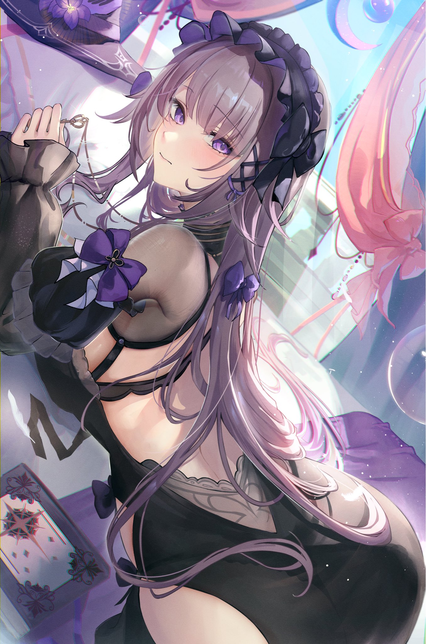 otabaaa, herta (honkai: star rail), the herta (honkai: star rail), honkai: star rail, honkai (series), highres, 1girl, alternate costume, backless dress, backless outfit, black dress, black hairband, black shrug, breasts, closed mouth, dress, grey hair, hairband, hat, holding, holding key, indoors, jewelry, key, key necklace, long hair, looking at viewer, lying, medium breasts, necklace, on bed, on stomach, purple eyes, shrug (clothing), solo, unworn hat, unworn headwear, witch hat