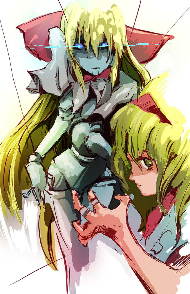 dain, alice margatroid, touhou, 2girls, blonde hair, doll, doll joints, female focus, gradient background, hairband, joints, multiple girls, standing, string, white background, yellow eyes