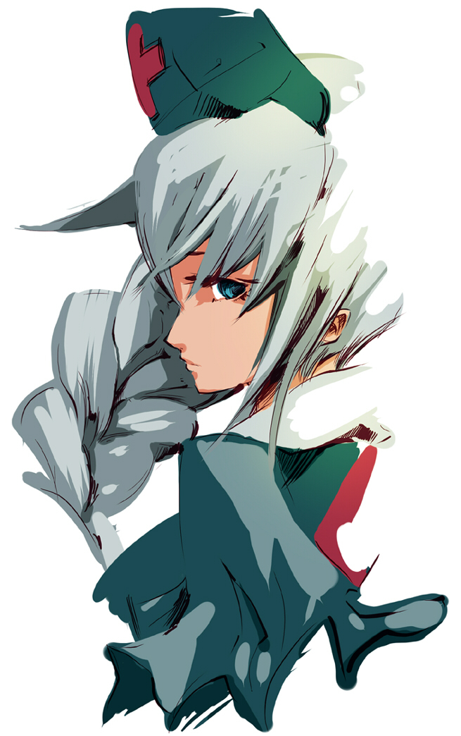 yagokoro eirin, touhou, silver hair, 1girl, blue eyes, braid, female focus, hairband, simple background, solo, upper body, white background