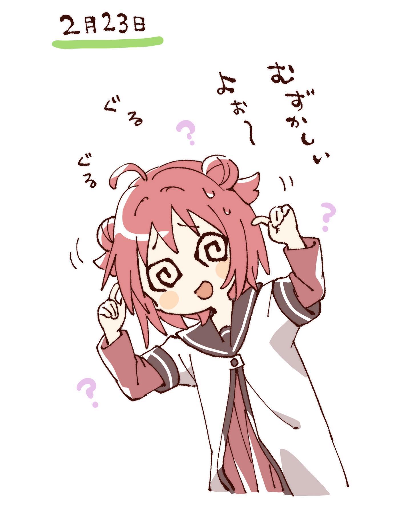 namori, akaza akari, yuruyuri, hashtag-only commentary, highres, translation request, 1girl, :d, @ @, ahoge, blush stickers, brown sailor collar, cropped torso, double bun, dress, furrowed brow, hair bun, hands up, layered sleeves, long sleeves, looking at viewer, nanamori school uniform, open mouth, pleated dress, red dress, red hair, sailor collar, school uniform, shirt, short hair, short over long sleeves, short sleeves, simple background, smile, solo, spiral-only eyes, sweat, white background, white shirt, winter uniform