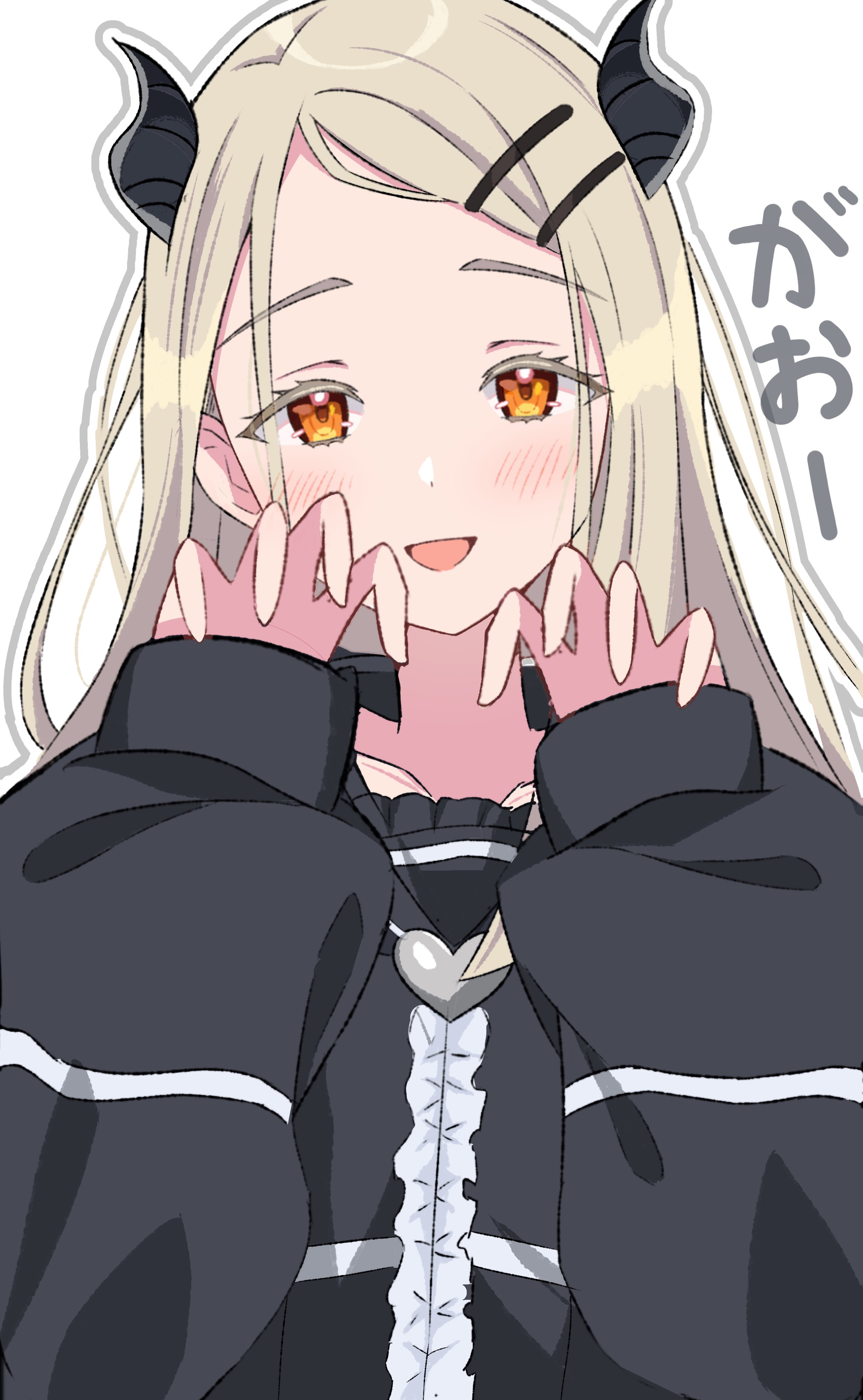 iroha 822, shinosawa hiro, gakuen idolmaster, idolmaster, absurdres, hashtag-only commentary, highres, translation request, 1girl, black horns, black shirt, blonde hair, blush, center frills, claw pose, colored eyelashes, frills, hair ornament, hairclip, hands up, heart, heart necklace, horns, jewelry, long hair, long sleeves, looking at viewer, necklace, open mouth, orange eyes, parallel hairclips, parted bangs, puffy long sleeves, puffy sleeves, shirt, simple background, sleeves past wrists, smile, solo, upper body, white background