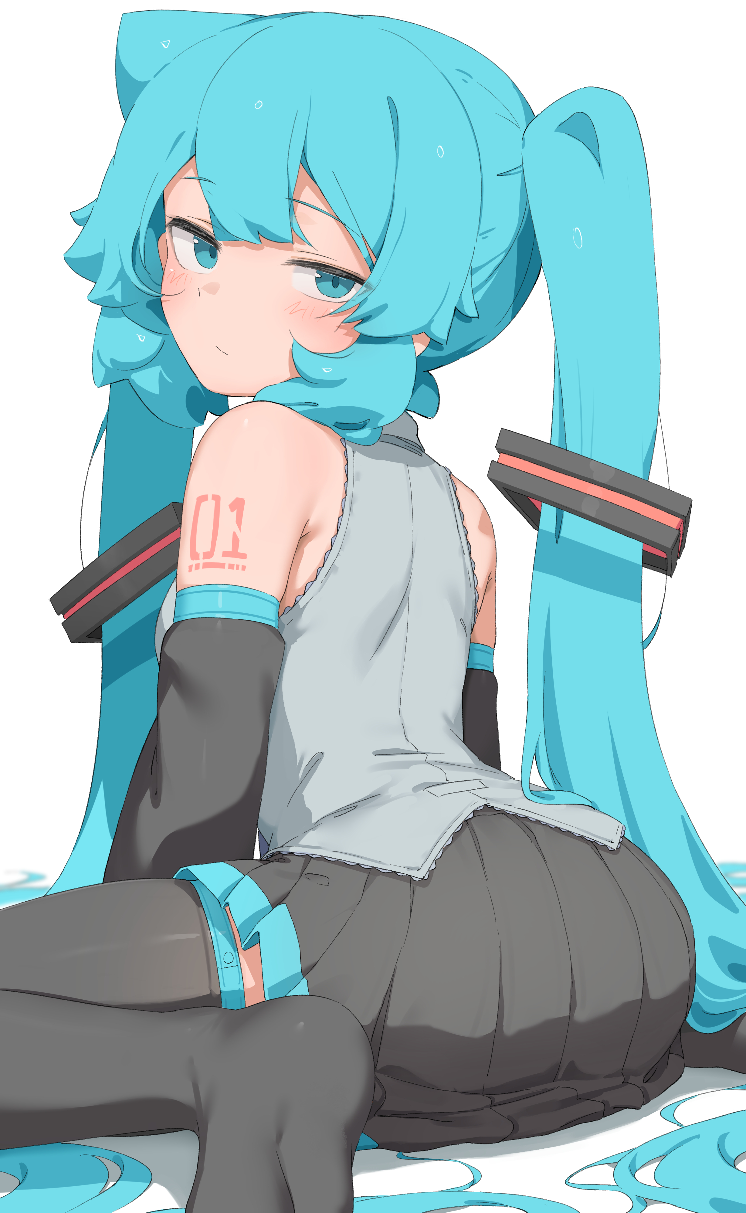 abmayo, hatsune miku, vocaloid, absurdres, commentary request, highres, paid reward available, variant set, 1girl, bare shoulders, black thighhighs, detached sleeves, grey shirt, long hair, looking at viewer, pleated skirt, shirt, sitting, skirt, solo, thighhighs, twintails, very long hair