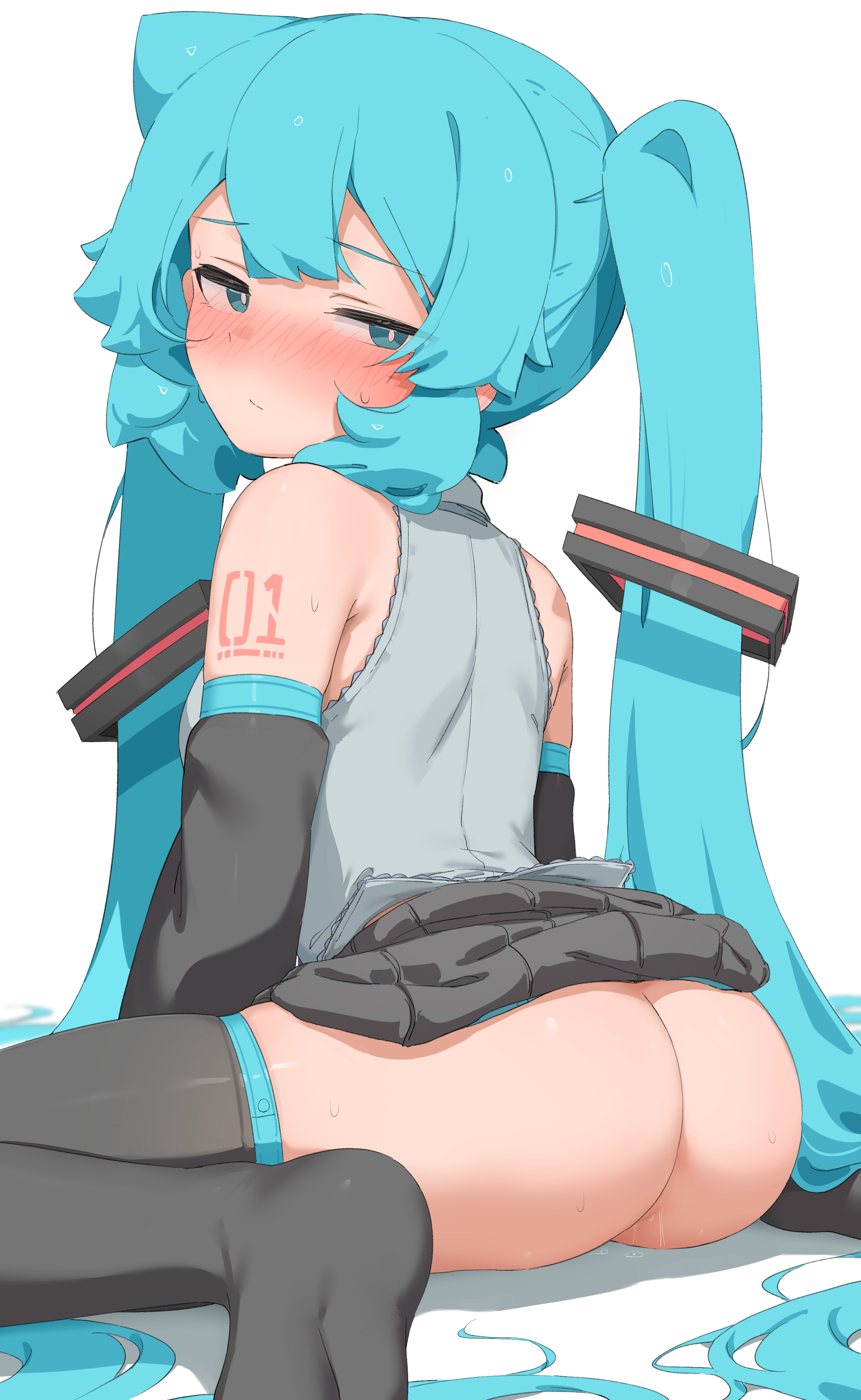 abmayo, hatsune miku, vocaloid, absurdres, commentary request, highres, paid reward available, variant set, 1girl, ass, bare shoulders, black thighhighs, blush, detached sleeves, grey shirt, hair ornament, long hair, looking back, no panties, shirt, sitting, skirt, solo, thighhighs, twintails, very long hair