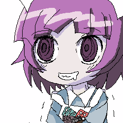 yakui, futaba channel, nijiura maids, lowres, 1girl, blouse, blue shirt, blunt bangs, clenched teeth, collared shirt, drooling, evil smile, female focus, jaggy lines, maid, mouth drool, purple eyes, purple hair, ringed eyes, shirt, simple background, smile, solo, teeth, upper body, white background