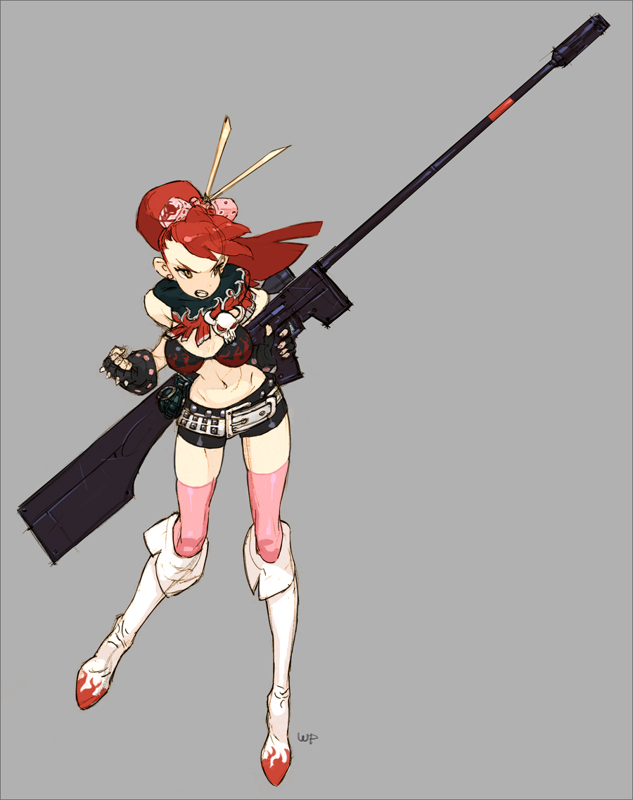 waterpie, yoko littner, tengen toppa gurren lagann, bad id, bad pixiv id, 00s, anti-materiel rifle, belt, bikini, bikini top only, boots, clenched hand, gun, midriff, pink thighhighs, ponytail, red hair, rifle, scarf, short shorts, shorts, sniper rifle, solo, swimsuit, thighhighs, weapon
