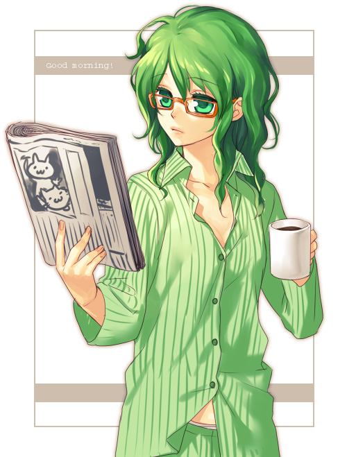 miyako u, original, bad id, bad pixiv id, 1girl, breasts, cleavage, coffee, female focus, glasses, green eyes, green hair, matching hair/eyes, newspaper, pajamas, panties, small breasts, solo, underwear