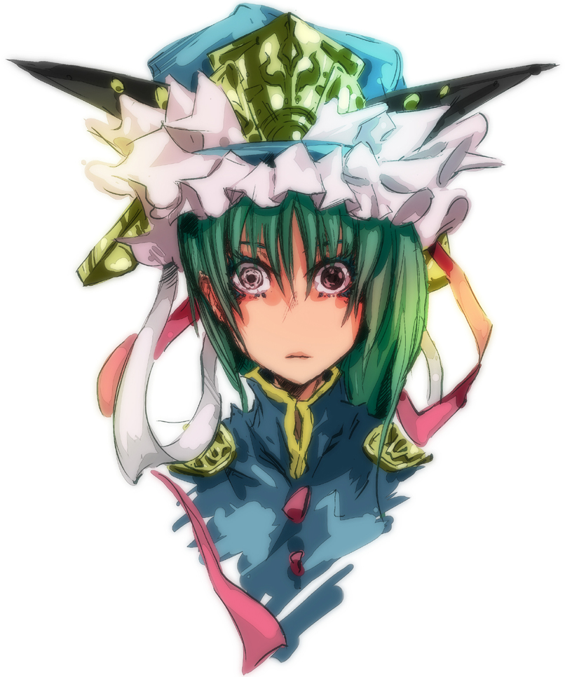 dain, shiki eiki, touhou, 1girl, female focus, green hair, hat, simple background, solo, white background