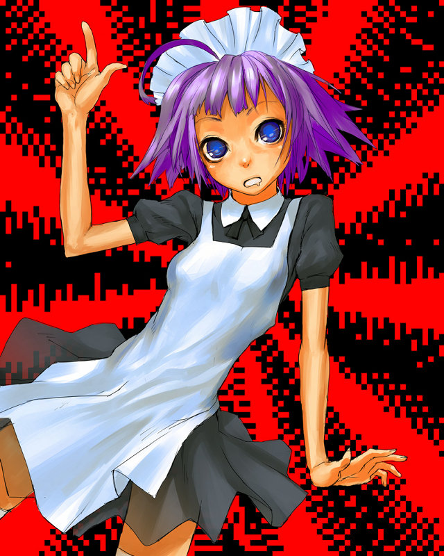 yakui, futaba channel, nijiura maids, 1girl, apron, blue eyes, blush, female focus, frills, index finger raised, looking at viewer, looking back, maid, maid apron, maid headdress, puffy short sleeves, puffy sleeves, see-through clothes, short sleeves, solo, thighhighs, white thighhighs