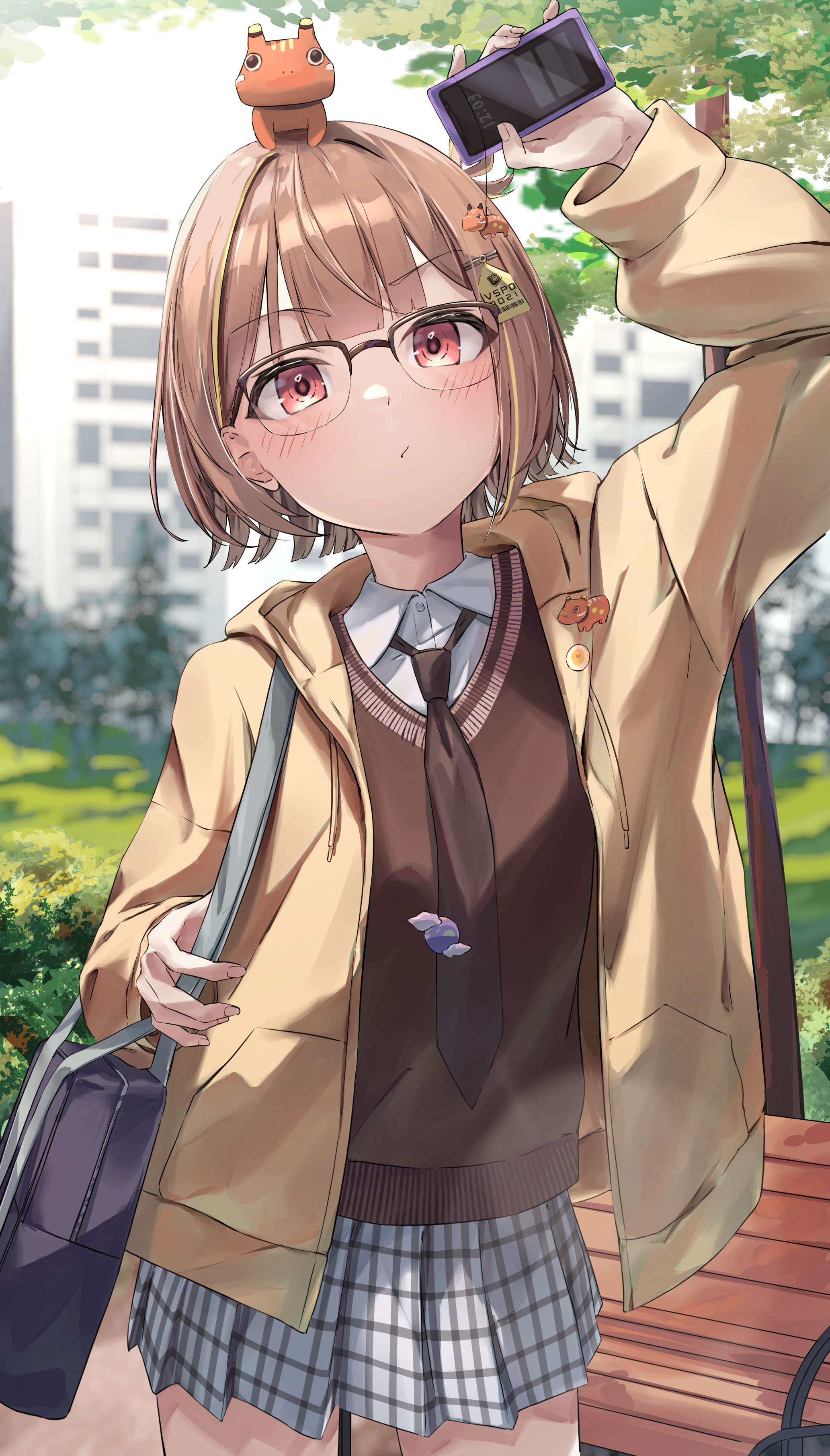 sakahana, sendo yuuhi, sendo yuuhi (1st costume), vspo!, absurdres, commentary request, highres, 1girl, :/, akabeko, arm up, bag, bench, black-framed eyewear, black bag, blurry, blurry background, blush, brown hair, brown necktie, brown sweater, cellphone, closed mouth, collared shirt, cowboy shot, glasses, hair ornament, hair rings, holding, holding phone, hood, hood down, hooded jacket, jacket, long sleeves, looking at viewer, medium hair, miniskirt, necktie, open clothes, open jacket, orange eyes, outdoors, over-rim eyewear, park bench, phone, plaid clothes, plaid skirt, pleated skirt, semi-rimless eyewear, shirt, shoulder bag, single hair ring, skirt, smartphone, solo, sweater, virtual youtuber, white shirt, white skirt, yellow jacket