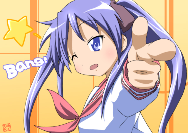 oku no shi, hiiragi kagami, lucky star, 00s, finger gun, one eye closed, pointing, school uniform, serafuku, solo, twintails, wink