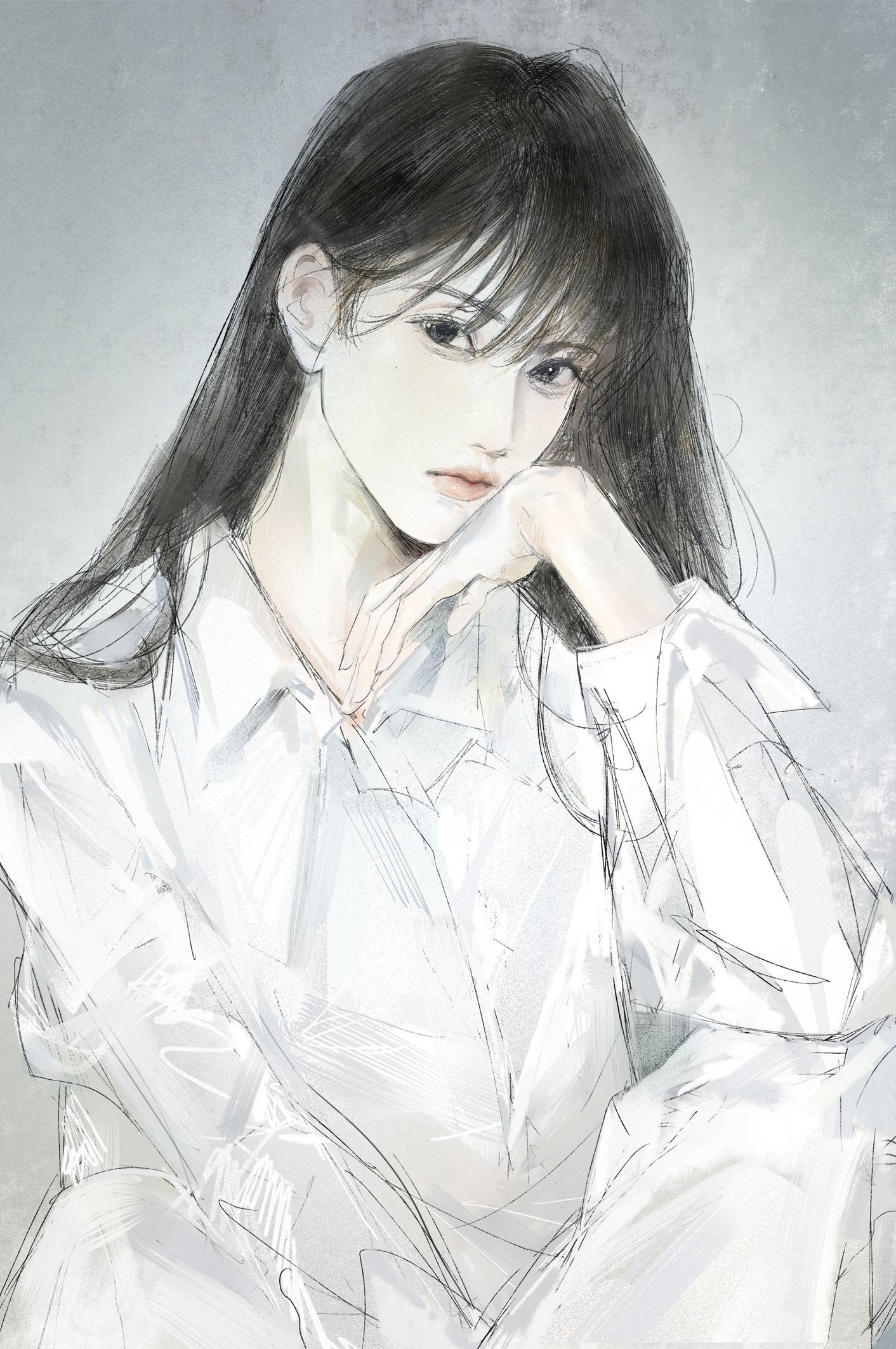 ror4, original, highres, 1girl, black eyes, black hair, closed mouth, grey background, long hair, looking to the side, shirt, solo, white shirt