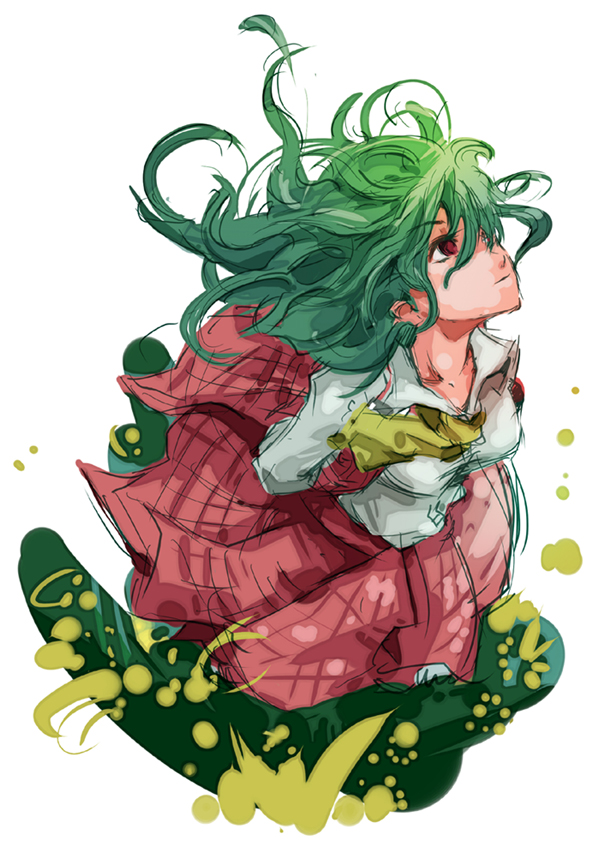 dain, kazami yuuka, touhou, 1girl, arms behind back, ascot, female focus, from above, green hair, hair over one eye, looking up, messy hair, plaid clothes, plaid skirt, plaid vest, red eyes, skirt, skirt set, solo, standing, vest, wavy hair