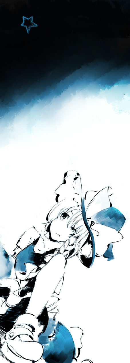 dain, kirisame marisa, touhou, highres, 1girl, blue theme, bow, braid, female focus, hat, hat bow, monochrome, side braid, solo, star (symbol), witch, witch hat
