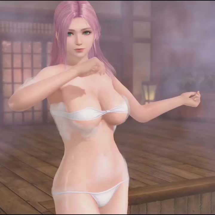 elise (doa), dead or alive, dead or alive xtreme, dead or alive xtreme venus vacation, animated, tagme, video, 1girl, 3d, bikini, blowing, blue eyes, breasts, foam, large breasts, long hair, looking at viewer, micro bikini, onsen, pink hair, steam, swimsuit