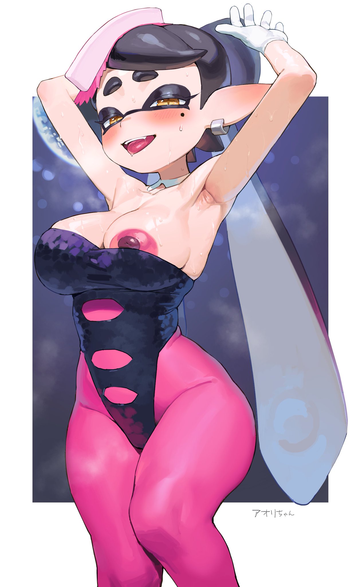 frikulu, callie (splatoon), callie (squid sisters outfit) (splatoon), nintendo, splatoon (series), + +, armpits, bare shoulders, black hair, blush, breasts, earrings, inkling, jewelry, large breasts, leotard, long hair, nipples, pointy ears, shirt, sleeveless, twintails, white shirt, yellow eyes