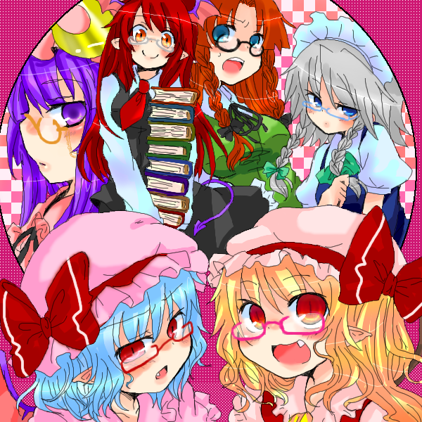 flandre scarlet, hong meiling, izayoi sakuya, koakuma, patchouli knowledge, remilia scarlet, embodiment of scarlet devil, touhou, 6+girls, bespectacled, book, everyone, female focus, glasses, multiple girls