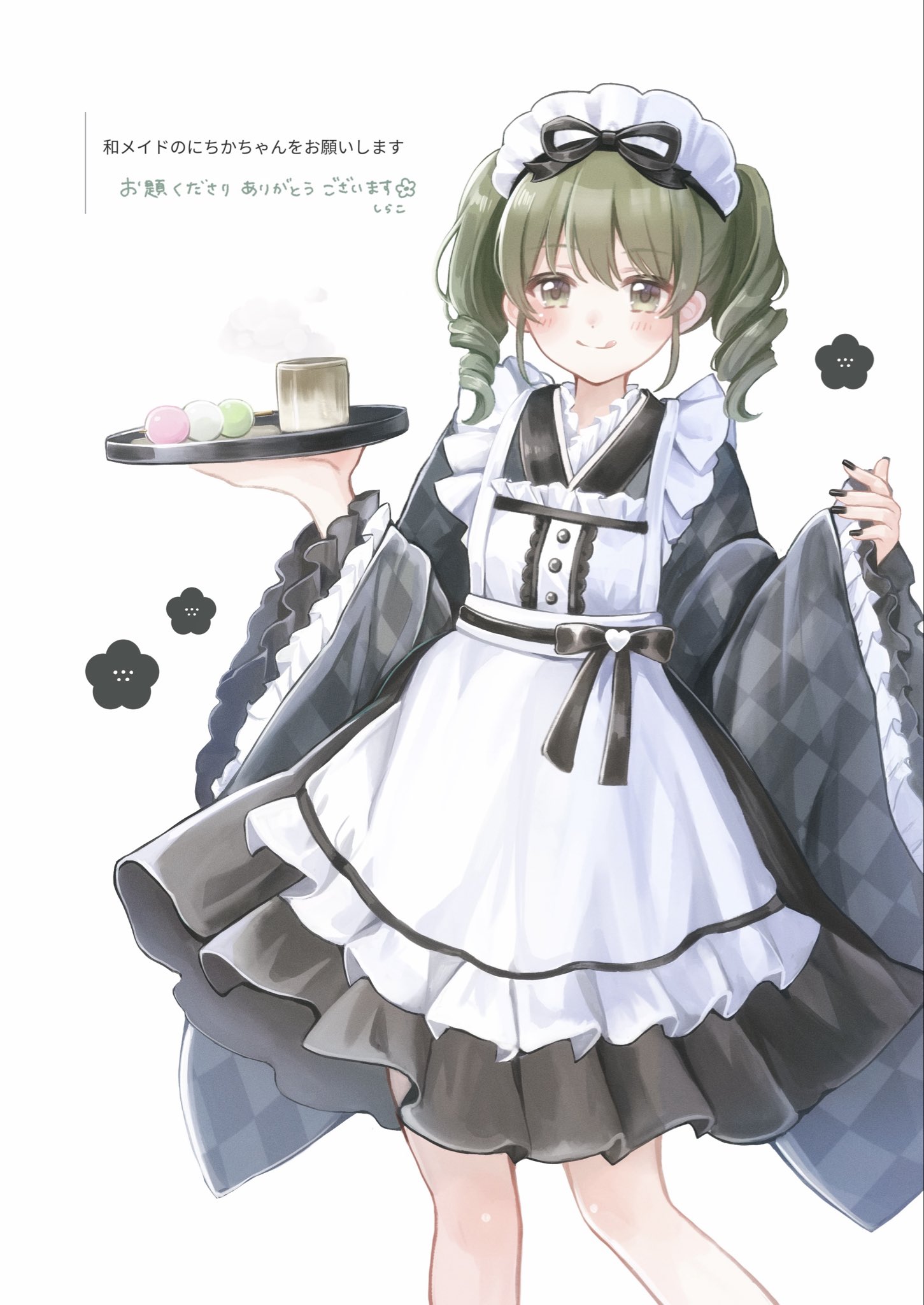 shirako (srk srtk), nanakusa nichika, idolmaster, idolmaster shiny colors, commentary request, highres, translation request, :p, alternate costume, alternate hairstyle, apron, black kimono, black nails, black ribbon, blush, checkered clothes, checkered kimono, closed mouth, cup, dango, drill hair, feet out of frame, fingernails, food, frilled apron, frilled kimono, frills, green eyes, green hair, hair ribbon, holding, holding tray, japanese clothes, kimono, long sleeves, looking at viewer, maid, maid apron, maid headdress, medium hair, request inset, ribbon, sanshoku dango, sidelocks, simple background, smile, standing, steam, teacup, tongue, tongue out, tray, twin drills, wa maid, wagashi, white apron, white background, white headdress, wide sleeves