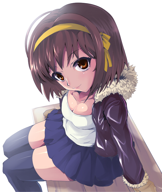 kasai shin, suzumiya haruhi, suzumiya haruhi no yuuutsu, bad id, bad pixiv id, 00s, 1girl, bow, breasts, brown eyes, brown hair, cleavage, female focus, from above, gloves, hair bow, hairband, jacket, looking back, looking up, mittens, ribbon, short hair, sitting, skirt, small breasts, smile, solo, thighhighs