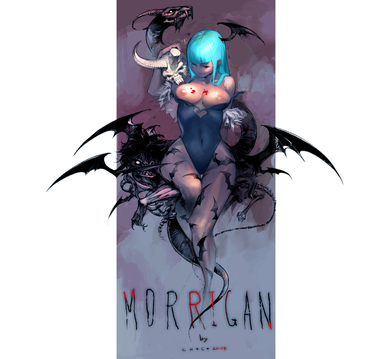 bechoco, ina (mikamixx), morrigan aensland, capcom, darkstalkers, print legwear, 1girl, animal print, aqua hair, bat print, bat wings, blood, blue hair, breasts, closed eyes, demon girl, head wings, large breasts, long hair, nipples, pantyhose, wings