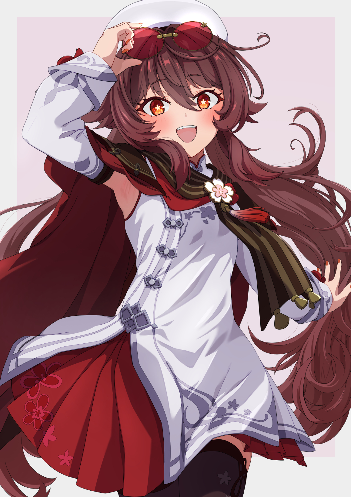 menchi-men, hu tao (cherries snow-laden) (genshin impact), hu tao (genshin impact), genshin impact, highres, 1girl, arm up, armpits, black thighhighs, blush, brown hair, detached sleeves, dress, eyewear on head, flower-shaped pupils, flower ornament, hair between eyes, hair ornament, hat, long sleeves, looking at viewer, official alternate costume, official alternate hairstyle, open mouth, orange eyes, orange nails, smile, solo, symbol-shaped pupils, thighhighs, white dress, white hat