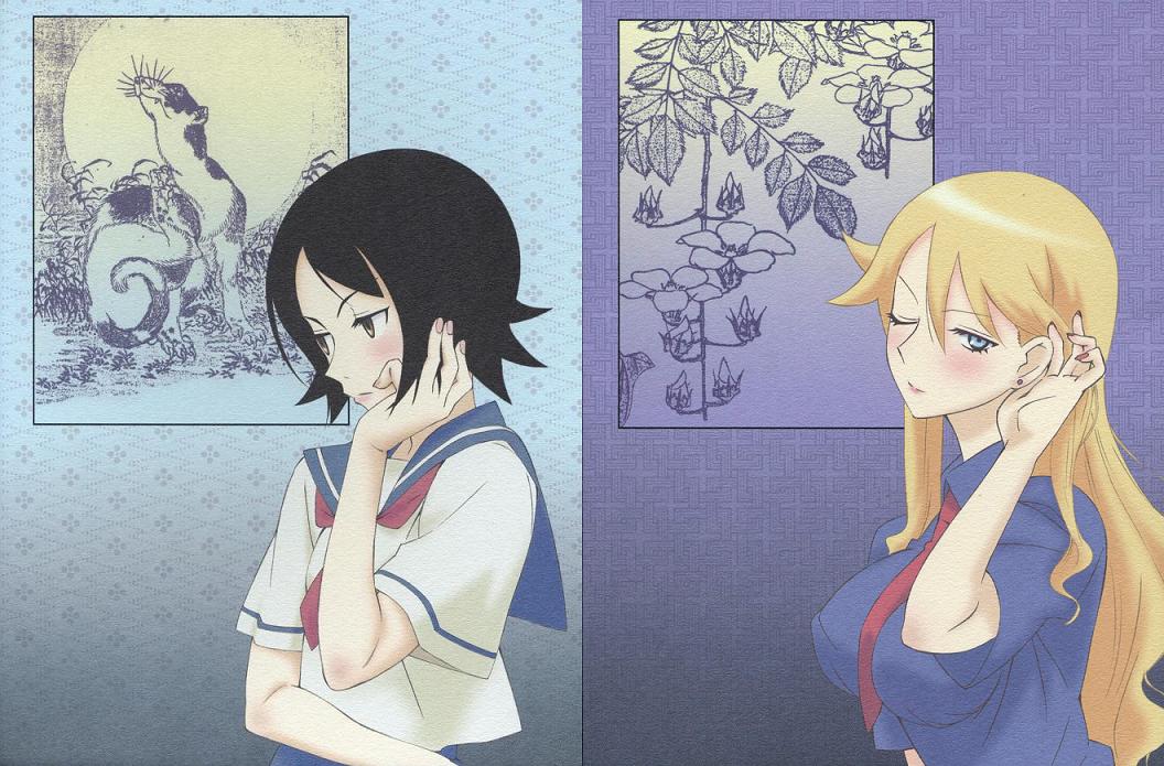 hitou nami, kimura kaere, sayonara zetsubou sensei, non-web source, 00s, black hair, blonde hair, blue eyes, brown eyes, hair flip, long hair, necktie, one eye closed, school uniform, serafuku, short hair, wink