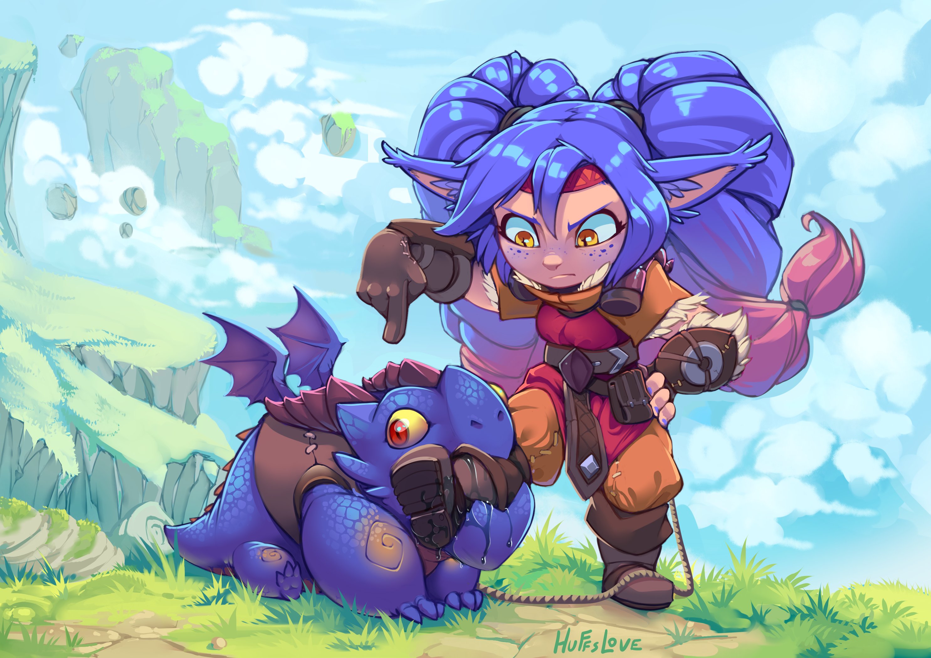 huffslove, poppy (league of legends), yordle, league of legends, commentary, english commentary, highres, 1girl, alternate costume, biting another's leg, blue hair, gradient hair, hand on own hip, long hair, multicolored hair, outdoors, pink hair, pointing, pointy ears, solo, twintails, very long hair, yellow eyes