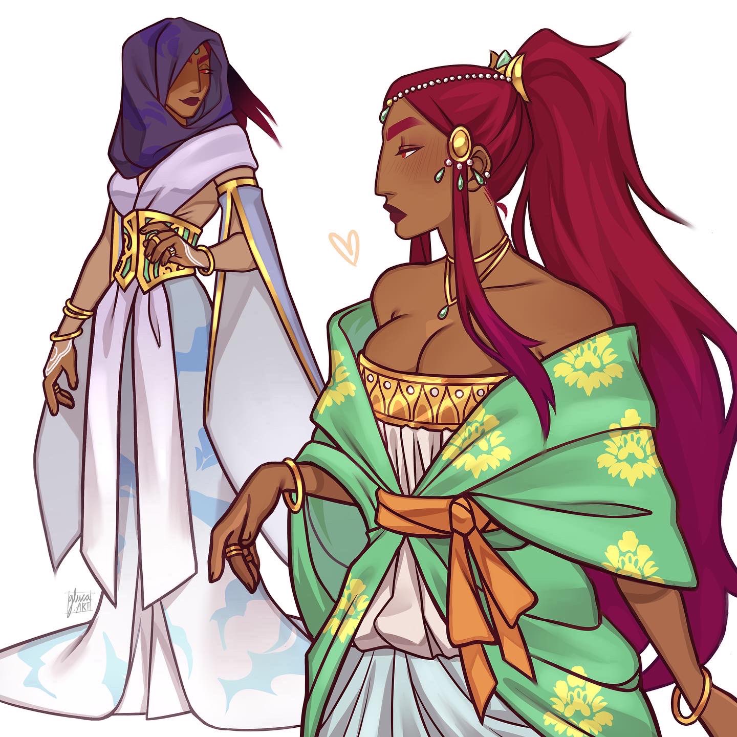 gluca, commentary, english commentary, highres, 1girl, bracelet, breasts, circlet, dark-skinned female, dark skin, detached sleeves, dress, headscarf, high ponytail, jewelry, long hair, medium breasts, multiple bracelets, nadia satrinava, necklace, one eye covered, ponytail, red eyes, red hair, red lips, ring, sidelocks, signature, smile, strapless, the arcana (visual novel), very long hair, white dress, wide sleeves