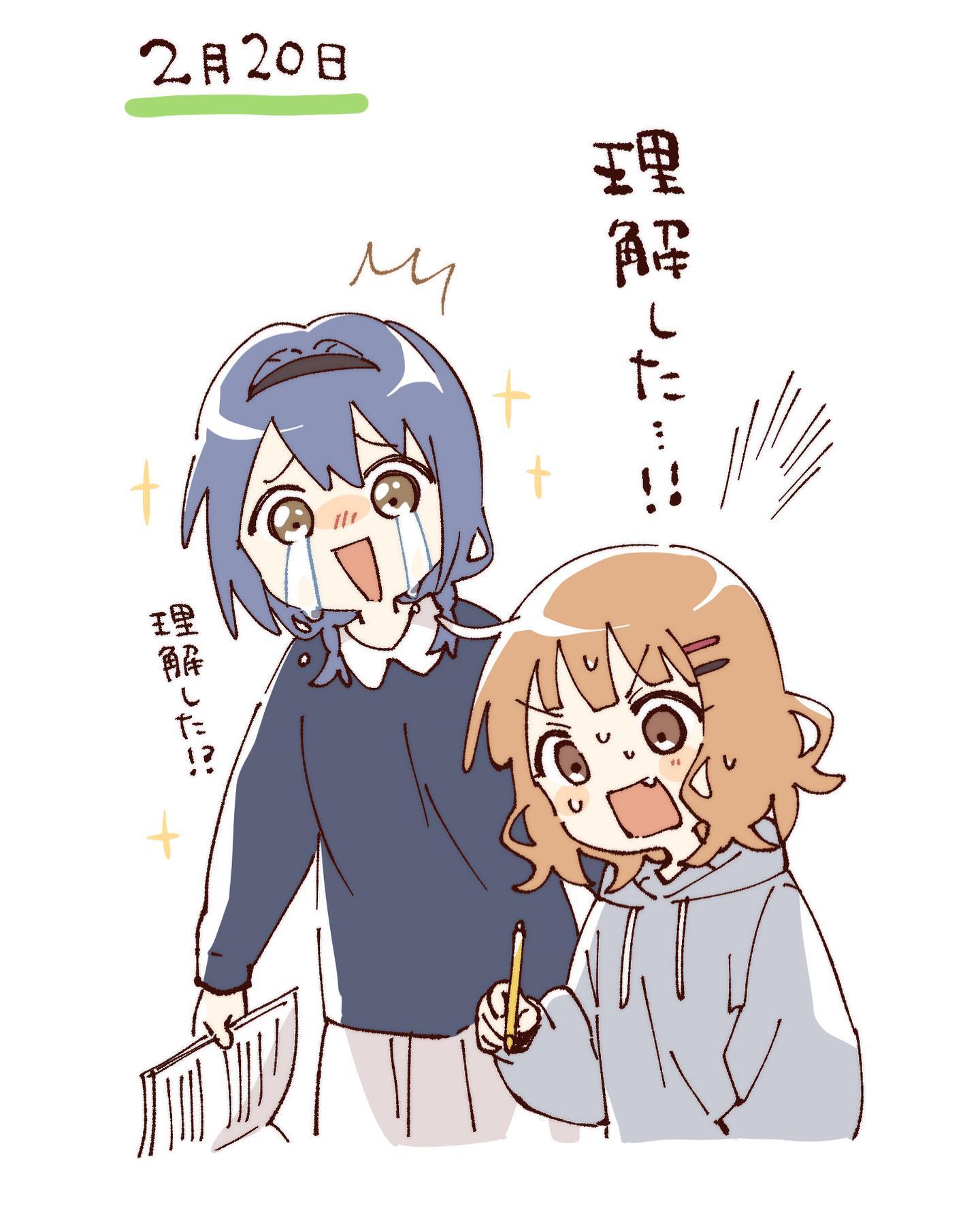 namori, furutani himawari, oomuro sakurako, yuruyuri, hashtag-only commentary, highres, translation request, 2girls, :d, black hairband, blue hair, blue shirt, blush stickers, brown eyes, brown hair, collared shirt, contrast collar, cropped torso, crying, drawstring, fang, grey hoodie, hair ornament, hairband, hairclip, holding, holding notebook, holding pencil, hood, hood down, hoodie, long sleeves, multiple girls, notebook, open mouth, parallel hairclips, pencil, pleated skirt, shirt, short hair, simple background, skirt, smile, sparkle, streaming tears, sweat, tears, white background, white skirt