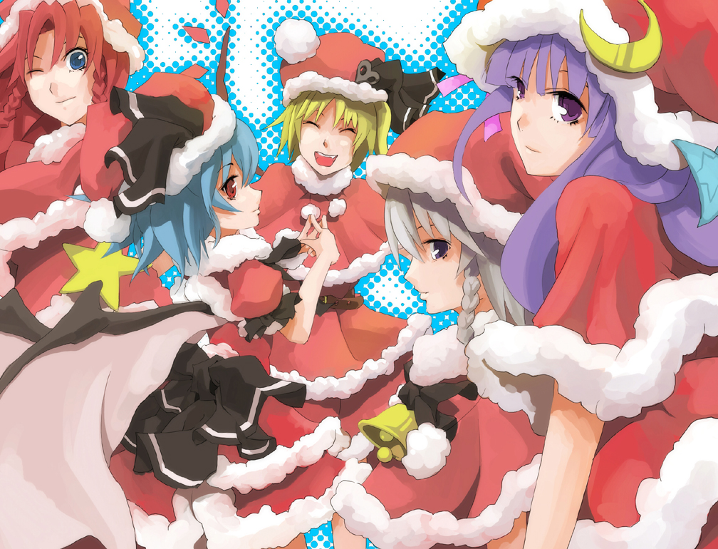 dain, flandre scarlet, hong meiling, izayoi sakuya, patchouli knowledge, remilia scarlet, embodiment of scarlet devil, touhou, silver hair, bad id, bad pixiv id, 6+girls, bat wings, bell, blonde hair, blue eyes, blue hair, braid, christmas, everyone, fang, female focus, multiple girls, purple eyes, purple hair, red eyes, red hair, santa costume, short hair, smile, twin braids, vampire, wings, wink