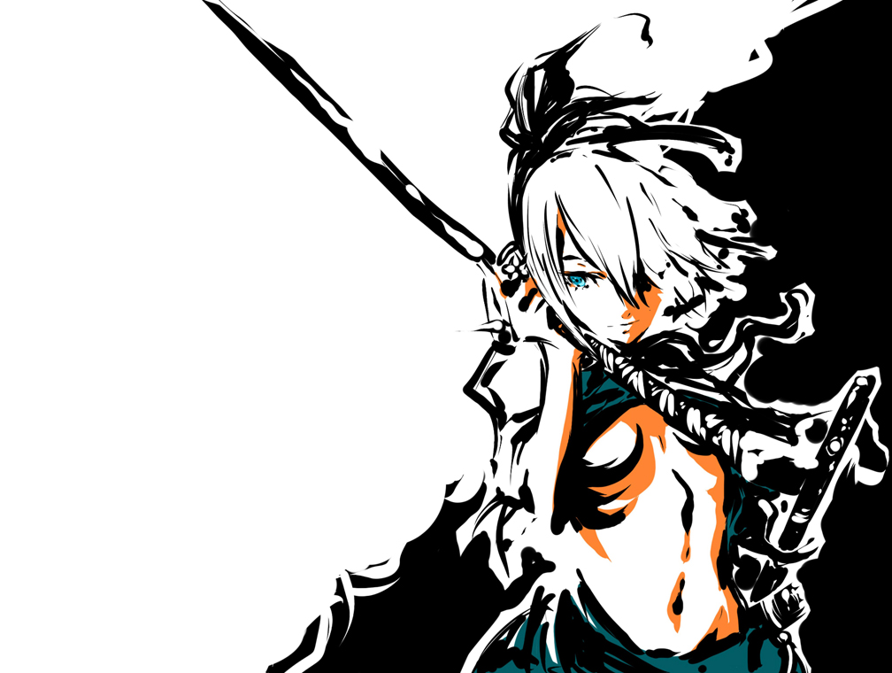 dain, konpaku youmu, touhou, 1girl, blue eyes, breasts, female focus, hairband, katana, midriff, short hair, skirt, solo, sword, underboob, weapon, white background, white hair