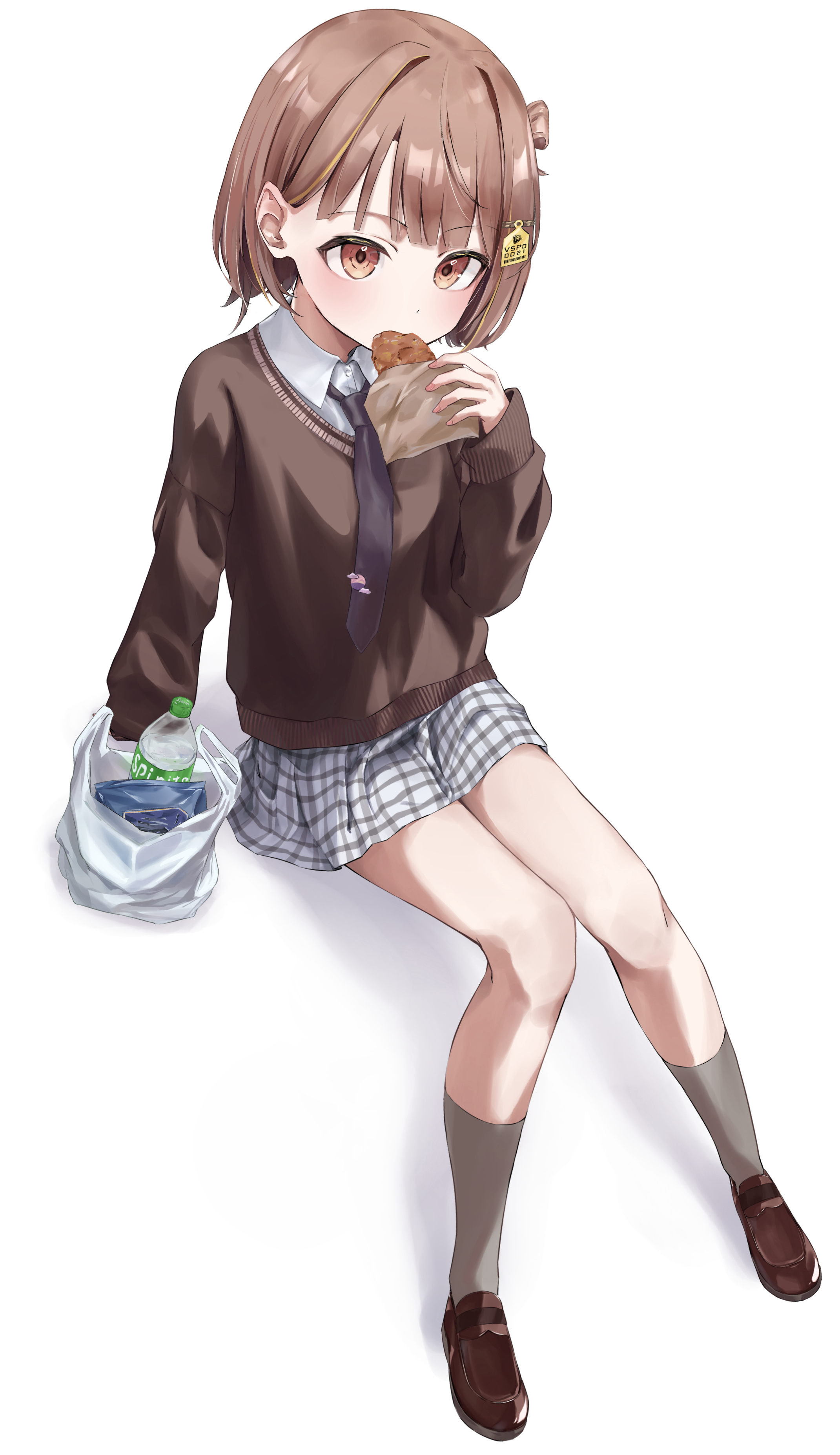 sakahana, sendo yuuhi, sendo yuuhi (1st costume), sprite (drink), vspo!, absurdres, commentary request, highres, 1girl, bag, black necktie, brown hair, brown shoes, brown sweater, collared shirt, eating, food, full body, grey socks, hair ornament, hair rings, hand up, holding, holding food, loafers, long sleeves, looking at viewer, miniskirt, necktie, orange eyes, plaid clothes, plaid skirt, plastic bag, plastic bottle, pleated skirt, shirt, shoes, short hair, simple background, single hair ring, sitting, skirt, socks, solo, sweater, virtual youtuber, white background, white shirt, white skirt