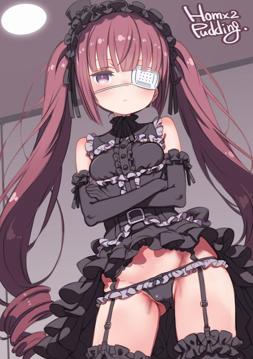 puddinghomhom, hanazono yurine, jashin-chan dropkick, highres, 1girl, black gloves, black panties, black thighhighs, blush, crossed arms, dress, elbow gloves, eyepatch, frills, gloves, gothic lolita, hat, lolita fashion, long hair, looking at viewer, medical eyepatch, panties, solo, thighhighs, twintails, underwear, very long hair