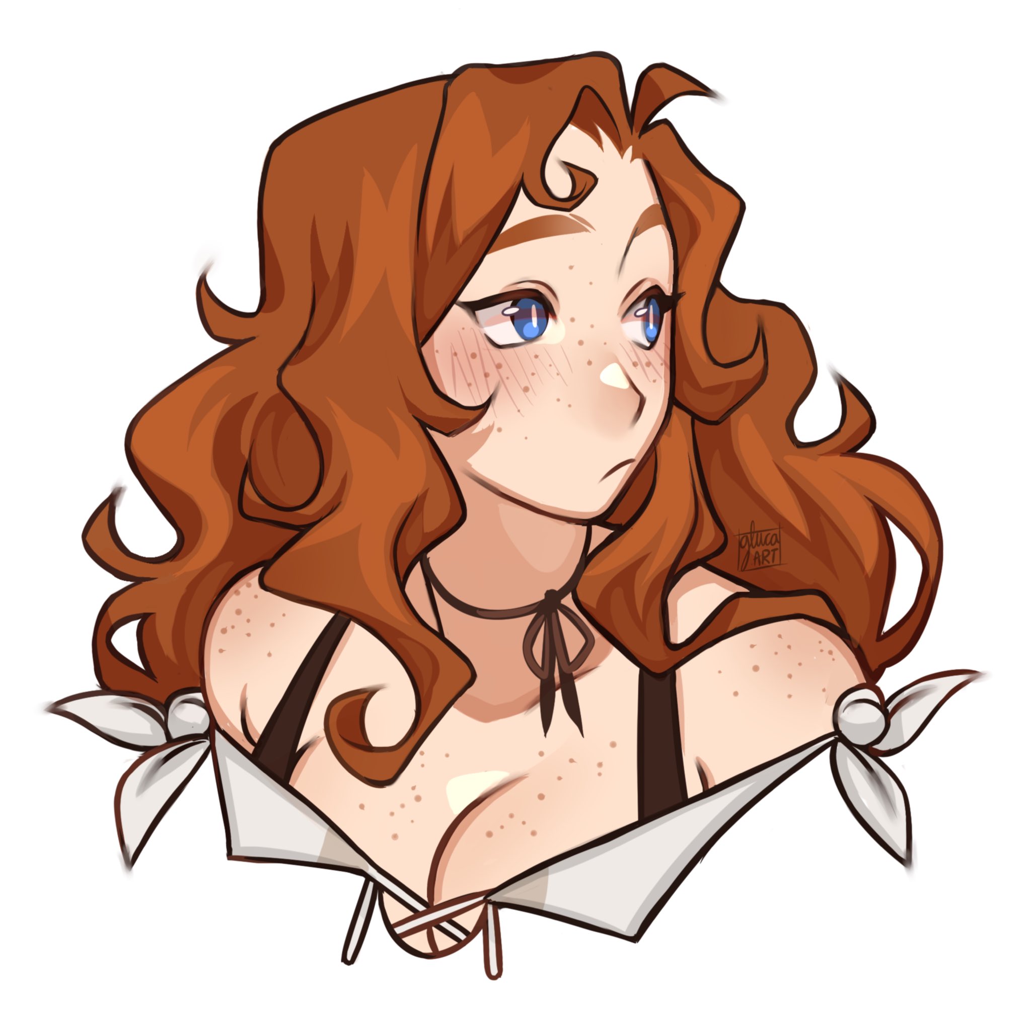 gluca, commentary, english commentary, highres, 1girl, :/, blue eyes, body freckles, breast freckles, breasts, brown hair, choker, cleavage, curly hair, freckles, frown, looking to the side, medium breasts, off shoulder, portia devorak, portrait, shoulder freckles, signature, solo, the arcana (visual novel)