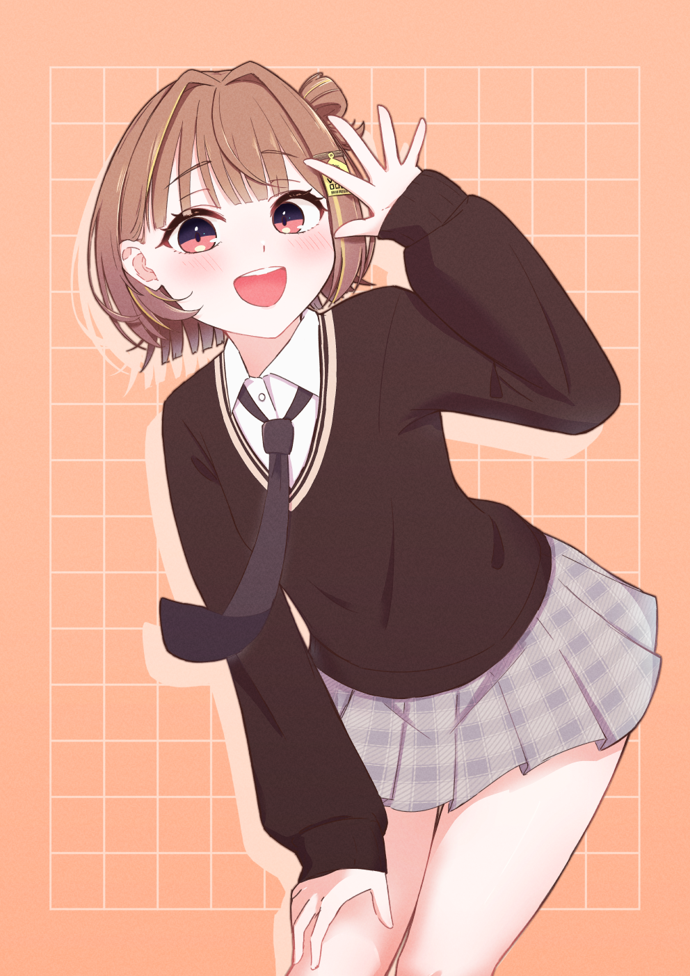 fuyuka natsuki, sendo yuuhi, sendo yuuhi (1st costume), vspo!, commentary request, highres, 1girl, :d, black necktie, blush, brown hair, brown sweater, collared shirt, cowboy shot, grey skirt, grid background, hair intakes, hair ornament, hand up, long sleeves, looking at viewer, miniskirt, necktie, open mouth, orange background, pink eyes, plaid clothes, plaid skirt, pleated skirt, shirt, short hair, skirt, smile, solo, sweater, teeth, thighs, upper teeth only, virtual youtuber, waving, white shirt