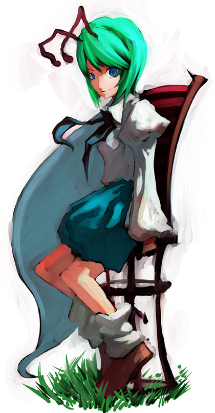 dain, wriggle nightbug, touhou, 1girl, antennae, blue eyes, cape, female focus, full body, green hair, nature, plant, short hair, solo, white background