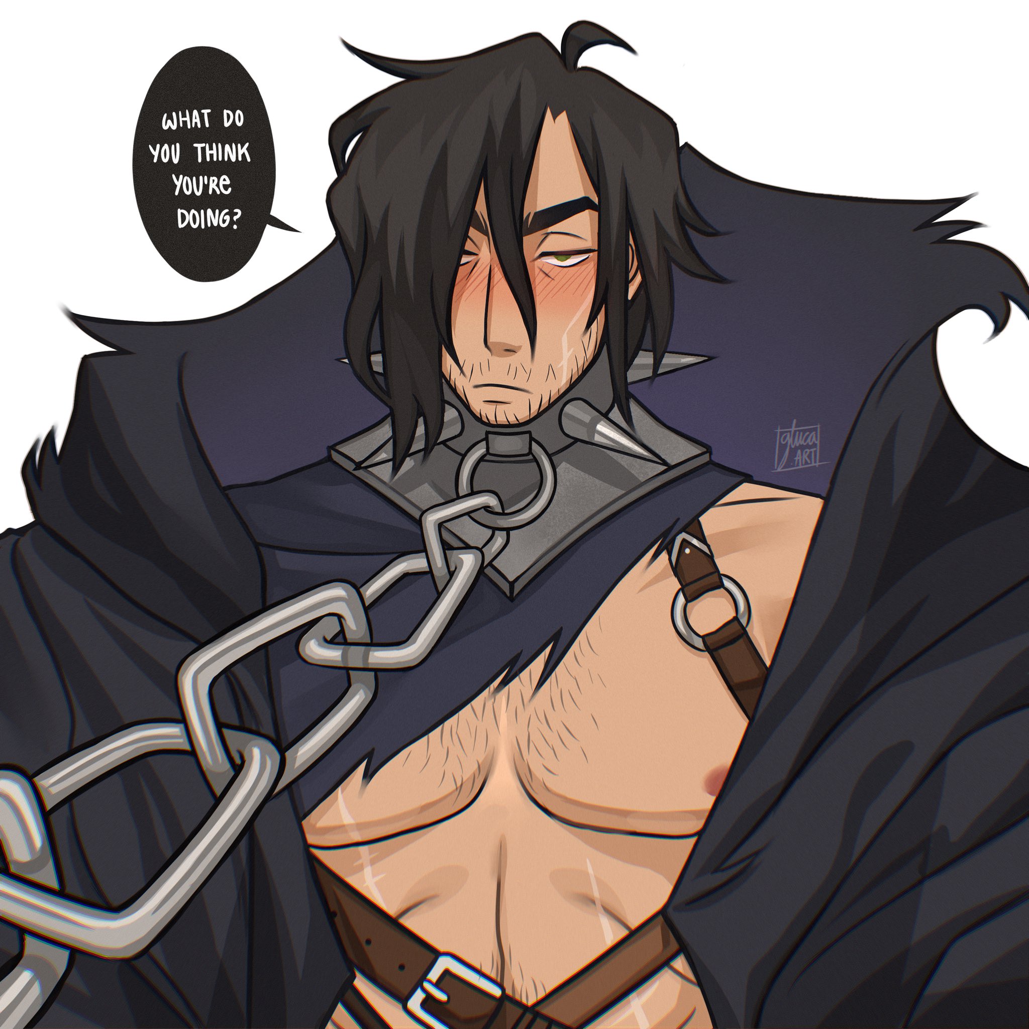 gluca, commentary, english commentary, highres, 1boy, beard stubble, black cloak, black hair, blush, breasts, chain, chest hair, cloak, collar, english text, facial hair, facial scar, frown, grey eyes, hair over one eye, large breasts, male focus, muriel (the arcana), pov, scar, scar on cheek, scar on chest, scar on face, signature, solo, spiked collar, spikes, stubble, the arcana (visual novel), upper body