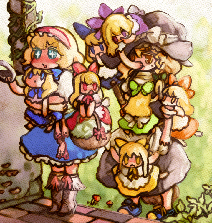 ruto (petatann), alice margatroid, kirisame marisa, touhou, bad id, bad pixiv id, + +, 6+girls, blonde hair, blue eyes, blush, chibi, doll, dress, female focus, hairband, hat, long hair, multiple girls, nature, outdoors, plant, ribbon, short hair, witch, yellow eyes