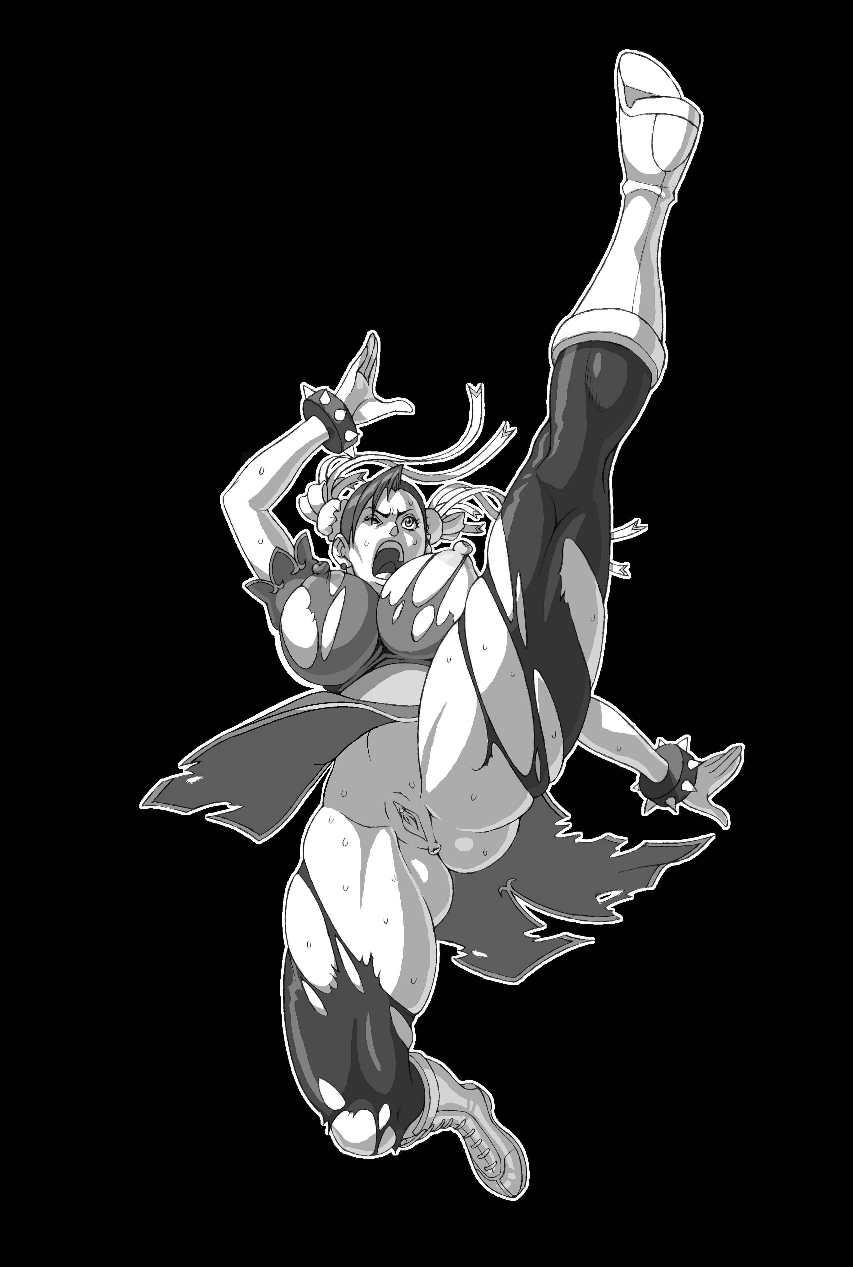 chun-li, capcom, street fighter, absurdres, highres, 1girl, anus, bracelet, breasts, bun cover, cum, double bun, female focus, greyscale, hair bun, jewelry, kicking, large breasts, monochrome, nipples, pantyhose, pussy, solo, spiked bracelet, spikes, torn clothes, torn pantyhose, uncensored