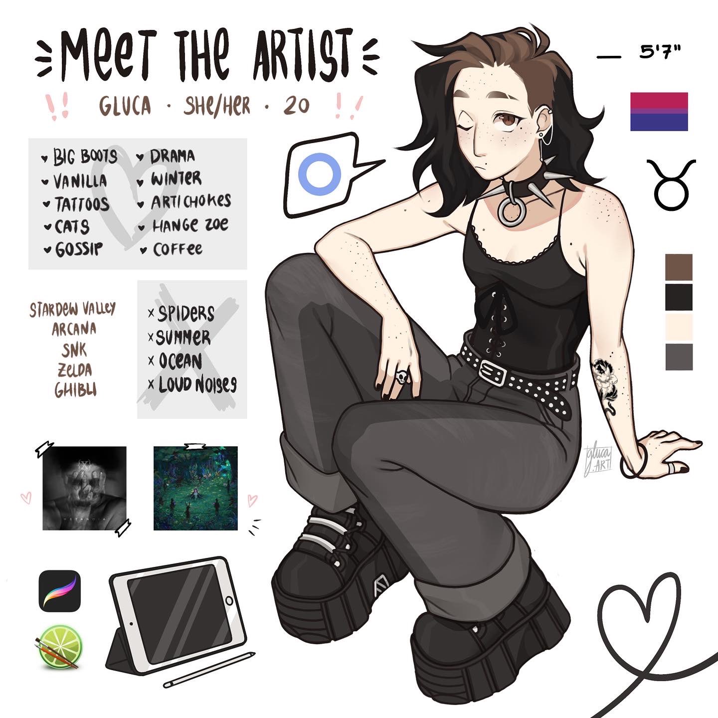 gluca, real life, commentary, highres, 1girl, arm tattoo, armpit crease, asymmetrical hair, bisexual flag, black camisole, black hair, black nails, black shoes, body freckles, breasts, brown hair, camisole, cleavage, collar, color guide, ear piercing, earrings, english text, eyebrow cut, freckles, grey pants, jewelry, mole, mole above mouth, mole under eye, multicolored hair, multiple moles, one eye closed, pants, piercing, ring, self-portrait, shoes, sidecut, small breasts, solo, spiked collar, spikes, stud earrings, stylus, tablet pc, tattoo, two-tone hair, undercut, wristband