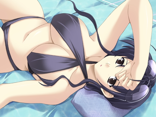 anicd, kim kwang hyun, yukishiro asuka, kisetsu no hanayome, hand on forehead, game cg, 1girl, ahoge, arm up, bikini, black bikini, black eyes, black hair, breasts, cleavage, clenched hand, cowboy shot, criss-cross halter, dutch angle, eyewear on head, female focus, fingernails, from above, hair intakes, halterneck, large breasts, long fingernails, long hair, lying, mature female, navel, on back, pillow, pretzel bikini, sidelocks, solo, sunglasses, swimsuit, underboob