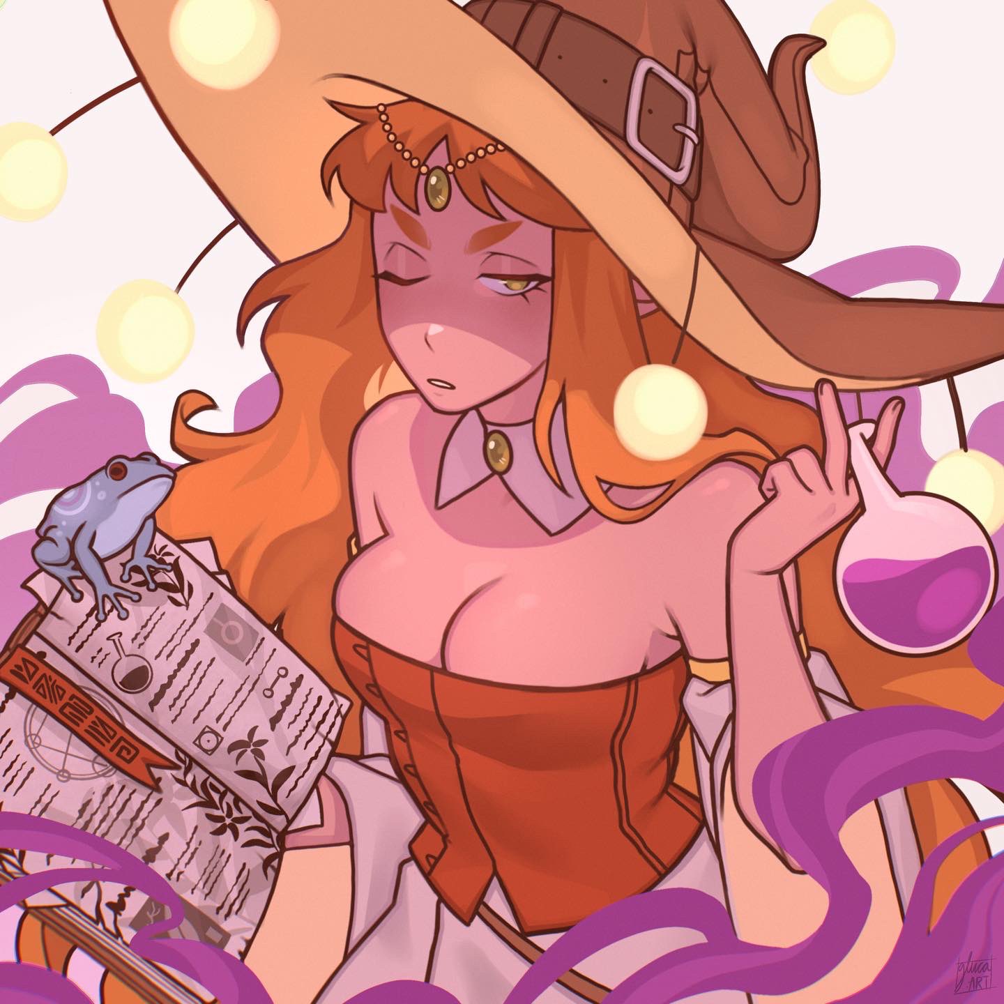 gluca, original, commentary, english commentary, highres, 1girl, book, breasts, cleavage, curly hair, detached collar, detached sleeves, flask, frog, green eyes, hat, holding, holding book, holding flask, long hair, medium breasts, one eye closed, orange hair, round-bottom flask, signature, skirt, solo, strapless, thick eyebrows, tube top, upper body, very long hair, white skirt, witch hat