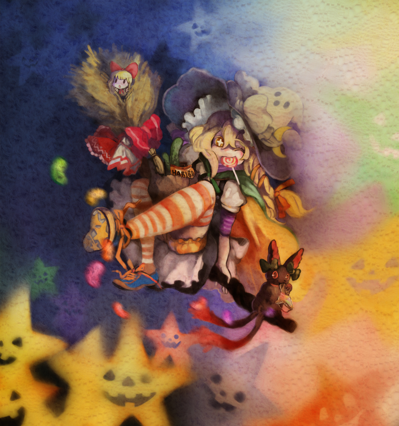 ruto (petatann), kaenbyou rin, kaenbyou rin (cat), kirisame marisa, shanghai doll, touhou, blue footwear, bad id, bad pixiv id, highres, 1girl, blonde hair, broom, candy, cat, female focus, food, ghost, halloween, hat, hat ribbon, jack-o'-lantern, jelly bean, long hair, orange thighhighs, patterned legwear, pumpkin, ribbon, shoes, sitting, socks, star (symbol), striped clothes, striped thighhighs, thighhighs, witch, witch hat, yellow eyes