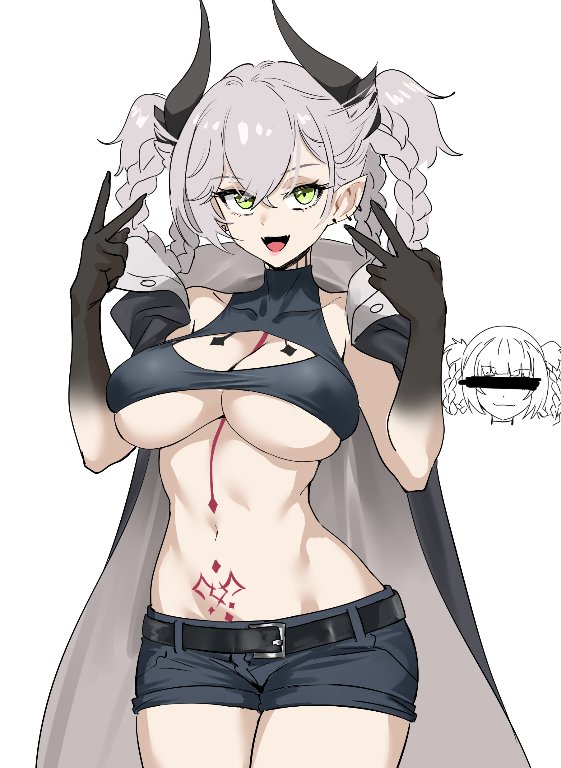 das (dan dan), lilith (fate), fate/grand order, fate (series), absurdres, highres, 1girl, 2girls, belt, black cloak, black hands, black shorts, black sports bra, body markings, braid, braided hair rings, breasts, cleavage, cleavage cutout, cloak, clothing cutout, colored extremities, crossed bangs, demon girl, demon horns, ear piercing, green eyes, grey hair, hair between eyes, hair rings, horns, large breasts, long hair, looking at viewer, multiple girls, navel, open mouth, piercing, pointy ears, short shorts, shorts, smile, solo focus, sports bra, stomach tattoo, tattoo, thighs, twin braids, twintails, underboob